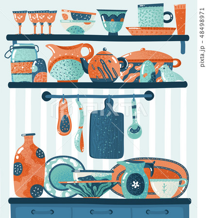 Cooking shelf. Kitchen utensils for food preparation or cookware standing on shelves hanging on Cooking shelf. Kitchen utensils for food preparation or cookware standing on shelves hanging on 48498971