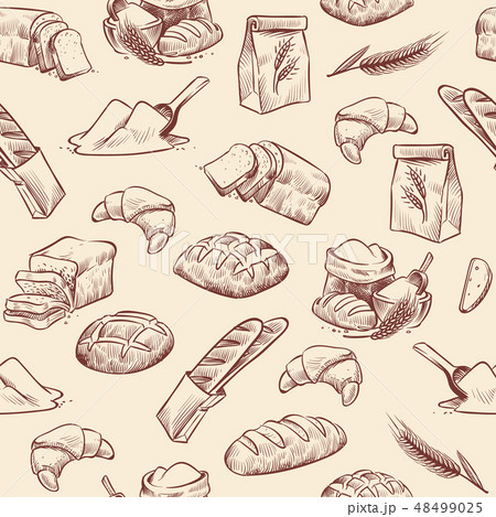Bakery seamless pattern. Bread croissant pastries pastry wheat loaf sliced white roll drawn vintage 48499025