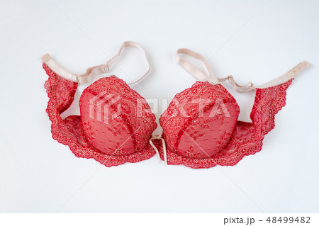 Red lace bra on a white background 48499482