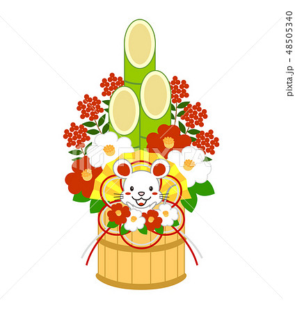 年賀状素材 ねずみと椿の飾り紐の華やかな門松のイラスト素材