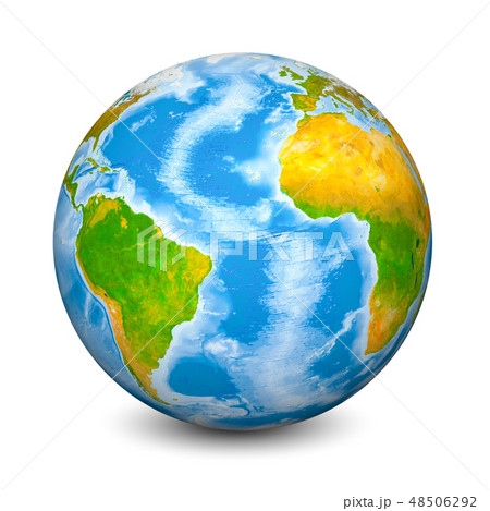 Earth globe focused on Atlantic Ocean. Realistic topographical lands and oceans with bathymetry. 3D Earth globe focused on Atlantic Ocean. Realistic topographical lands and oceans with bathymetry. 3D 48506292