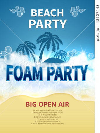 Summer foam party vector poster. Tropical resort beach invitation with soap bubbles 48507448