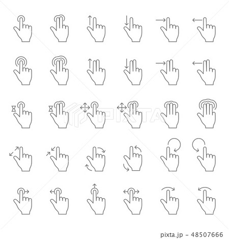 Touch hand gesture vector line icons. Touching finger gestures pictograms with swipe arrows 48507666