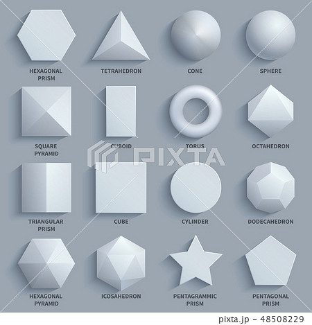 Top view realistic white math basic 3d shapes vector set. Three dimensional geometric figures 48508229