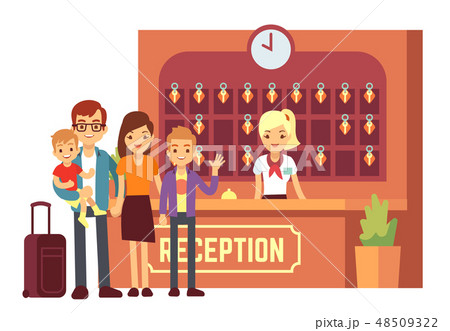 Hotel reservation vector concept with young happy family at reception. People on holiday background 48509322