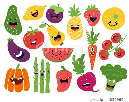 Flat vegetable characters. Funny smiley doodle fruits, hand drawn berries potato onion tomato apples 48509604
