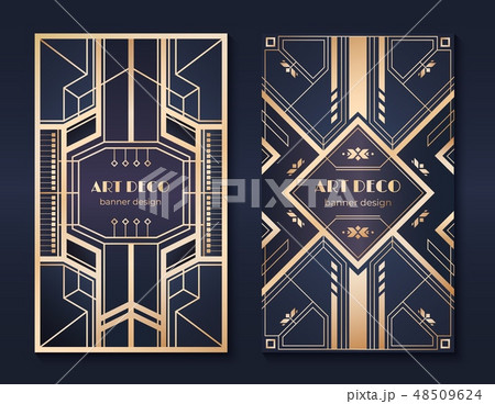 Art deco banners. 1920s party invitation flyer, fancy golden ornamental design, vintage frames and 48509624