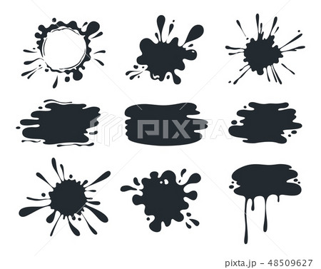 Black paint blob. Brush pen splatter shapes, current paint stains, liquid dripping melted chocolate 48509627