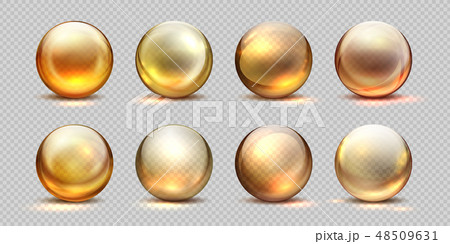 Collagen golden balls. Realistic cosmetic oil, liquid serum drop, transparent isolated 3D pills 48509631