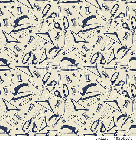 Tailor shop seamless pattern with scissors, iron, pins Tailor shop seamless pattern with scissors, iron, pins 48509670