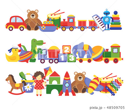 Toys pile. Groups of children plastic game kids toys elephant teddy bear train rocket ship doll dino 48509705