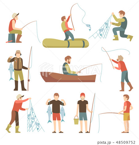 Summer fishing sport vacation vector flat icons. Fishermen with fish set 48509752