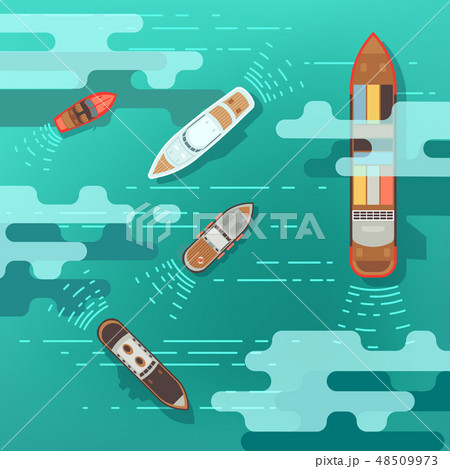 Top view sea ship and shipping boat on ocean water surface vector illustration 48509973