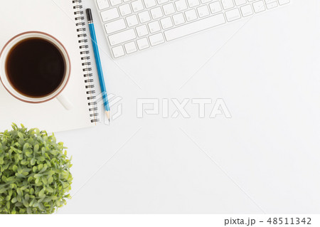 Flat lay office with mouse and pencil on white. Flat lay office with mouse and pencil on white. 48511342