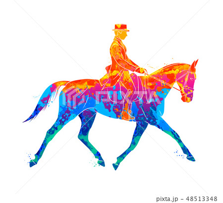Abstract Equestrian sport from splash of watercolors. Jockey in uniform riding horse. Dressage 48513348