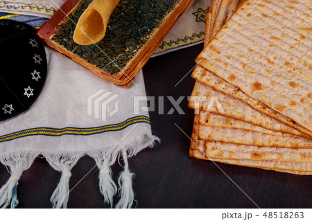Shofar and tallit with matzah, Jewish symbols 48518263