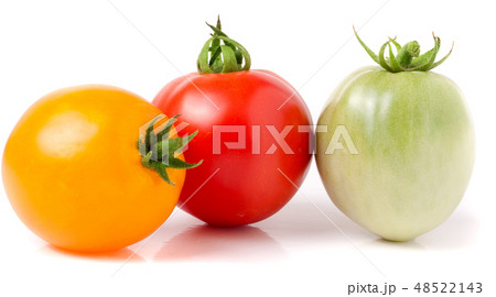 red yellow and green tomatoes isolated on white background 48522143