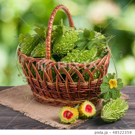 bitter melon or momordica in a wicker basket on wooden table with blurred background 48522359