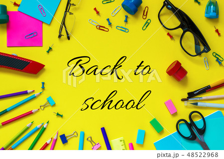 Back to school text and school pupil stationery Back to school text and school pupil stationery 48522968