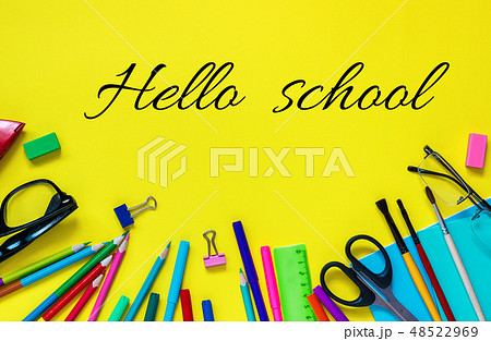 Hello school text and school pupil stationery 48522969