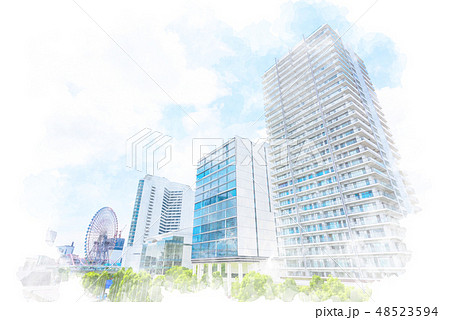 横浜の高層マンション　水彩画風 48523594