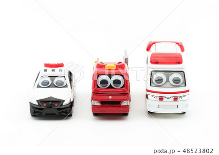 目玉シール付きパトカーと救急車と消防車 Wiggly Eyed Emergency Carsの写真素材