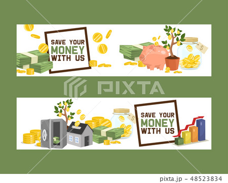 Money vector piggy bank pig box financial bank or money-box with investment savings and coins set of 48523834