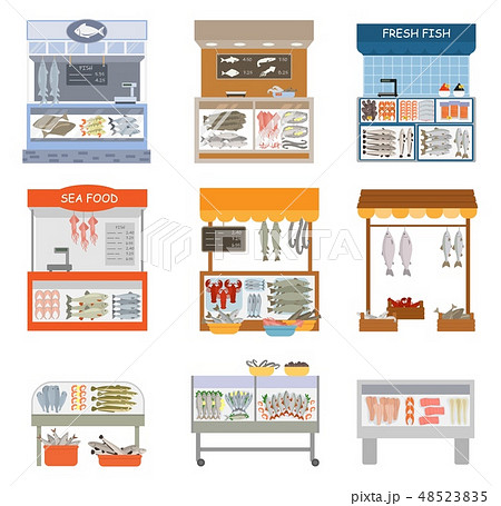 Fifh market vector fishstall fishstore illustration set of fishmongers fishmarket selling fresh 48523835