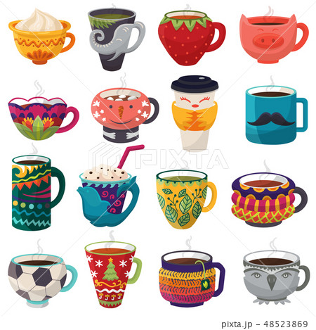 Cartoon cup vector kids creative mugs coffee or tea cupful on breakfast various shapes of coffeecup Cartoon cup vector kids creative mugs coffee or tea cupful on breakfast various shapes of coffeecup 48523869
