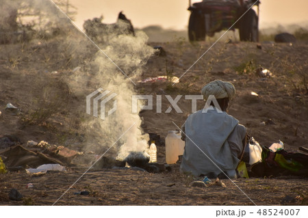 インド　夕暮れのプシュカル　砂漠で生活するラクダ使いの男性　夕食の準備をする姿　砂漠に集まるラクダ 48524007