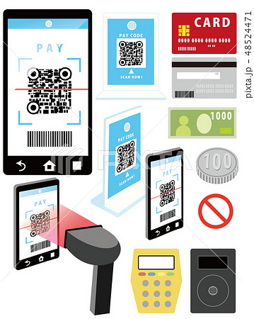 キャッシュレス Qrコード決済イラストセット Cashless Pay Illustrationのイラスト素材 48524471 Pixta