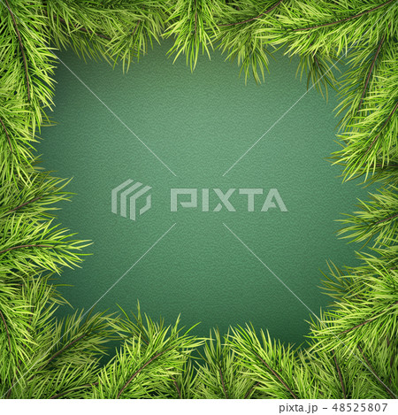 Card with Christmas tree border, realistic fir-tree branches frame on green background. EPS 10 48525807