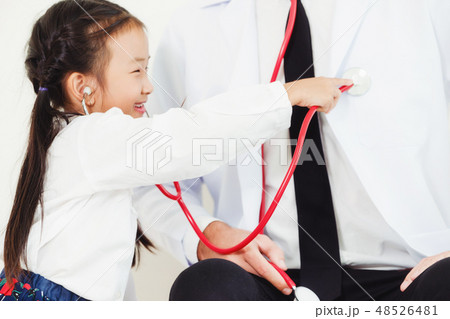 Happy little kid visit doctor in hospital office. Happy little kid visit doctor in hospital office. 48526481