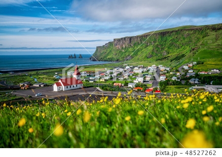 Beautiful town of Vik i Myrdal Iceland in summer. Beautiful town of Vik i Myrdal Iceland in summer. 48527262
