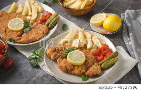 Homemade german schnitzel with pickles 48527596