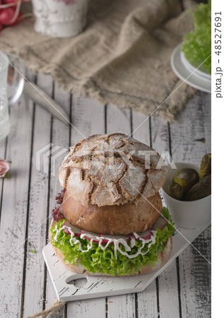 Portobello burger, homemade bun and lettuce 48527691