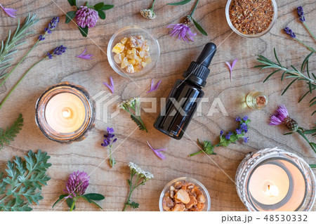 Essential oil bottles, frankincense and herbs Essential oil bottles, frankincense and herbs 48530332