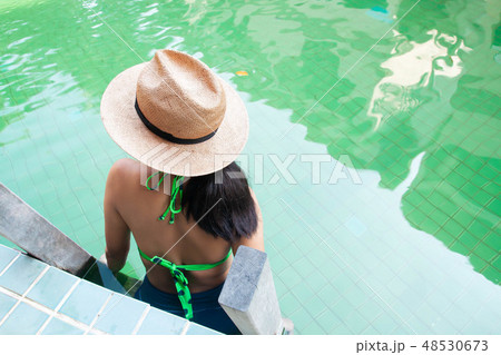 Rear view of beauty asian woman in swimwear. Rear view of beauty asian woman in swimwear. 48530673
