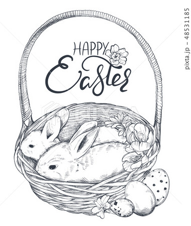 Vector illustration of hand drawn rabbits in the basket with ornate eggs and spring flowers. Vector illustration of hand drawn rabbits in the basket with ornate eggs and spring flowers. 48531185