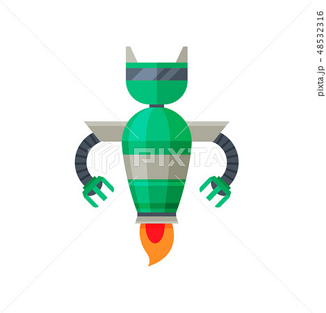 Green flying robot with jet engine. Futuristic steel android. Flat vector for poster of toy store or Green flying robot with jet engine. Futuristic steel android. Flat vector for poster of toy store or 48532316