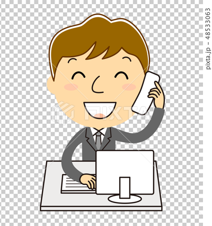電話対応をしているオフィスの男性とパソコン イラスト クリップアートのイラスト素材