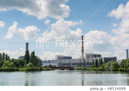 nuclear power plant on the lake shore 48534089