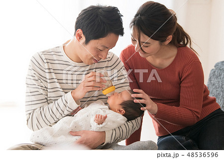 赤ちゃんに哺乳瓶でミルクを飲ませる若い夫婦 子育て 育児 48536596