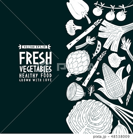 Fun hand drawn vegetable design template. Linocut Fun hand drawn vegetable design template. Linocut 48538009