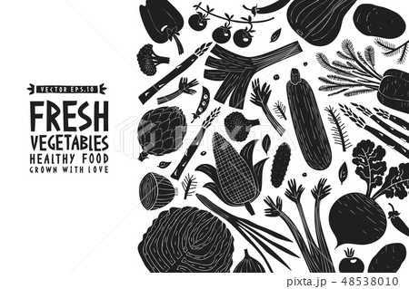Fun hand drawn vegetable design template. Linocut Fun hand drawn vegetable design template. Linocut 48538010
