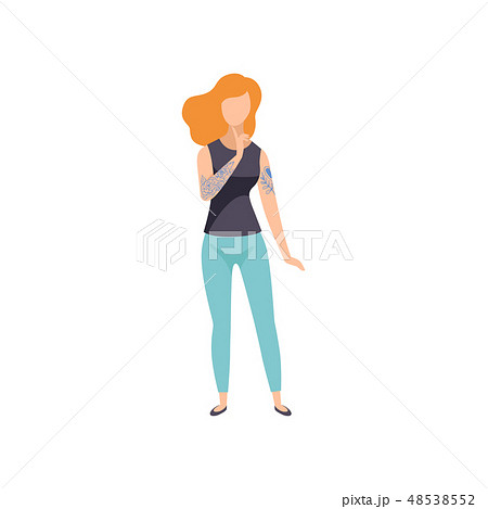 Beautiful Girl with Tattoos, Young Woman in Jeans and Black Tank Top Having Tattoo on Her Arms Beautiful Girl with Tattoos, Young Woman in Jeans and Black Tank Top Having Tattoo on Her Arms 48538552