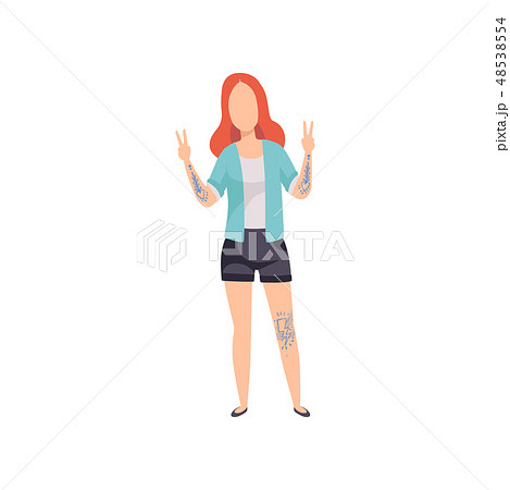 Beautiful Girl with Tattoos Showing Victory Sign Vector Illustration Beautiful Girl with Tattoos Showing Victory Sign Vector Illustration 48538554