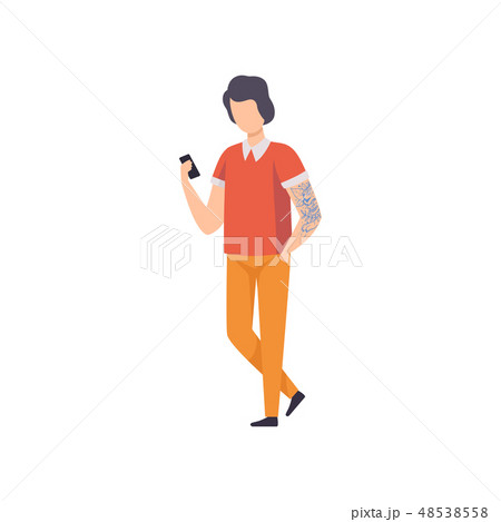 Young Man Wearing Casual Clothes with Smartphone, Guy Having Tattoo on His Arms Vector Illustration 48538558