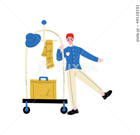 Bellhop, Bellboy or Bellman with Luggage Cart with Suitcase, Hotel Staff Character in Blue Uniform 48538592