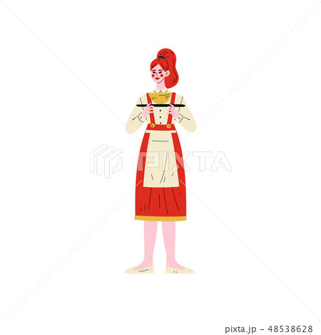Waitress Standing with Tray, Hotel Staff Character in Red Uniform Vector Illustration 48538628